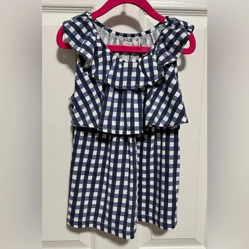 Kids crew cuts blue/white checkered tank shirt with a ruffled collar.